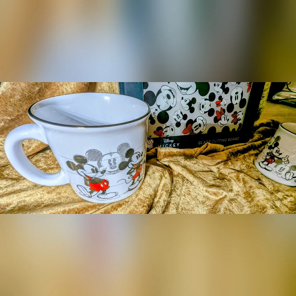 NWT Two Disney Mickey Mouse Mugs and Glass Cutting Board Set - Red, Black, White - Picture 4 of 8
